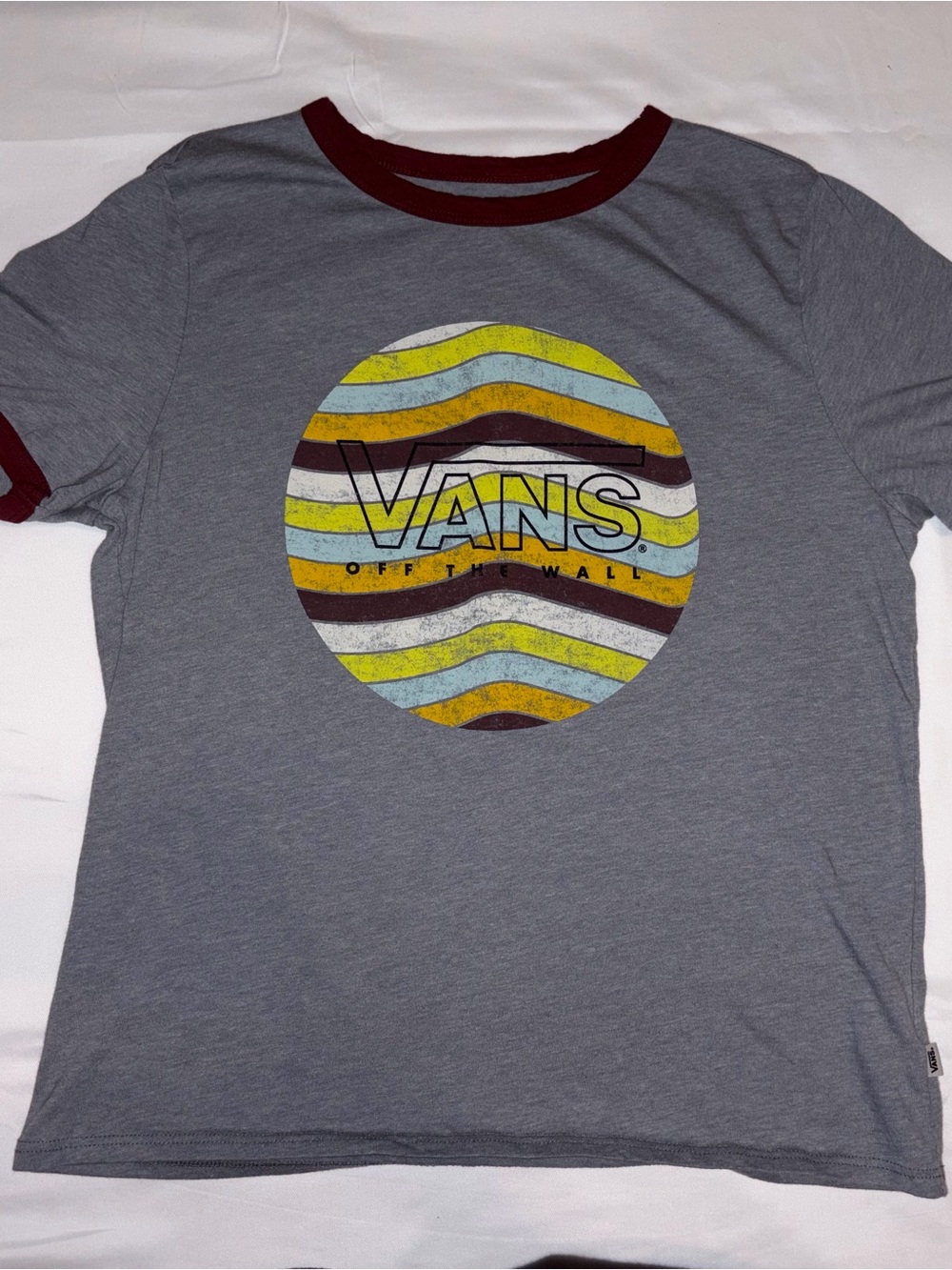 Vans Gray Tee with Burgundy Trim and Multicolor Circular Graphic